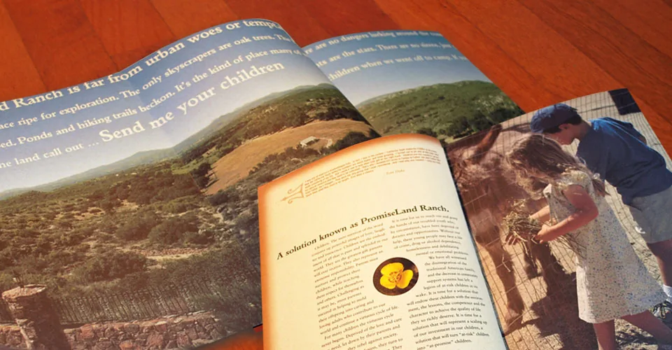 PromiseLand Ranch printed brochure spread with landscape photography