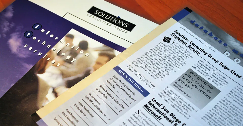 Solutions Consulting Group printed newsletter and services brochure